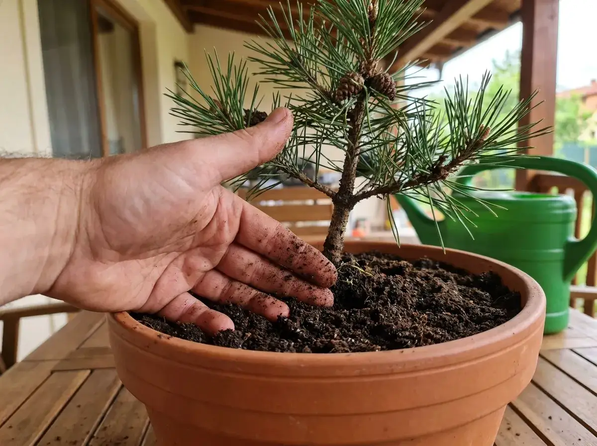 Saksıdaki canlı çamın toprağını kontrol eden el, sulama öncesi