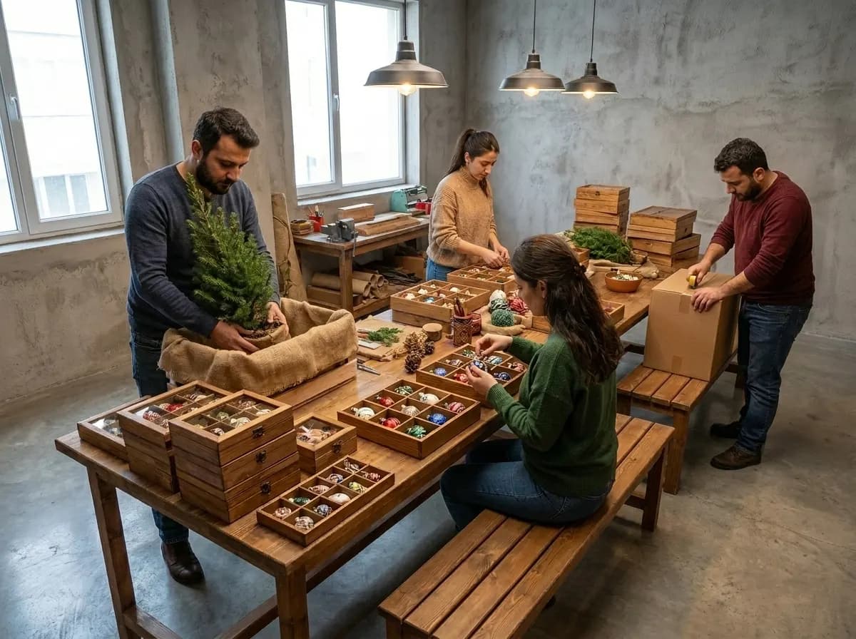 Depoda süs seti ve boy eşleştirmesi yapan ekip, bölmeli kutular üzerinde çalışırken