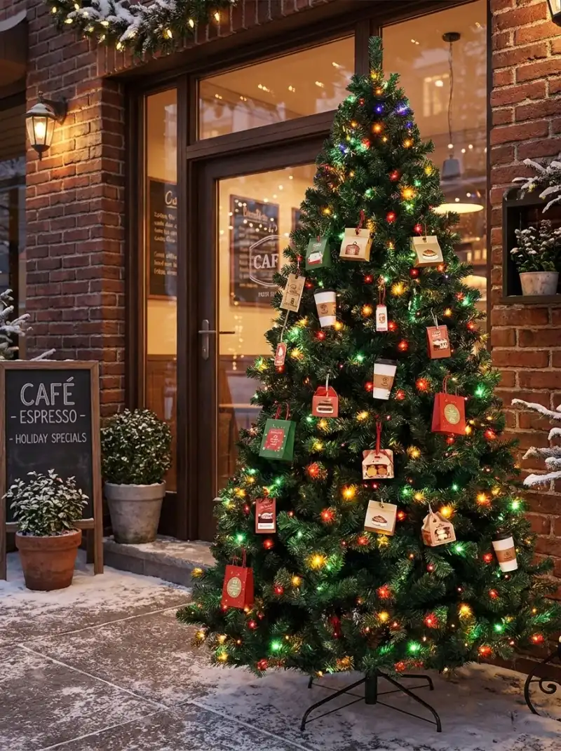 Kafe girişinde kafe paketi setiyle süslenmiş 210 cm yılbaşı ağacı, akşam ışıklarıyla