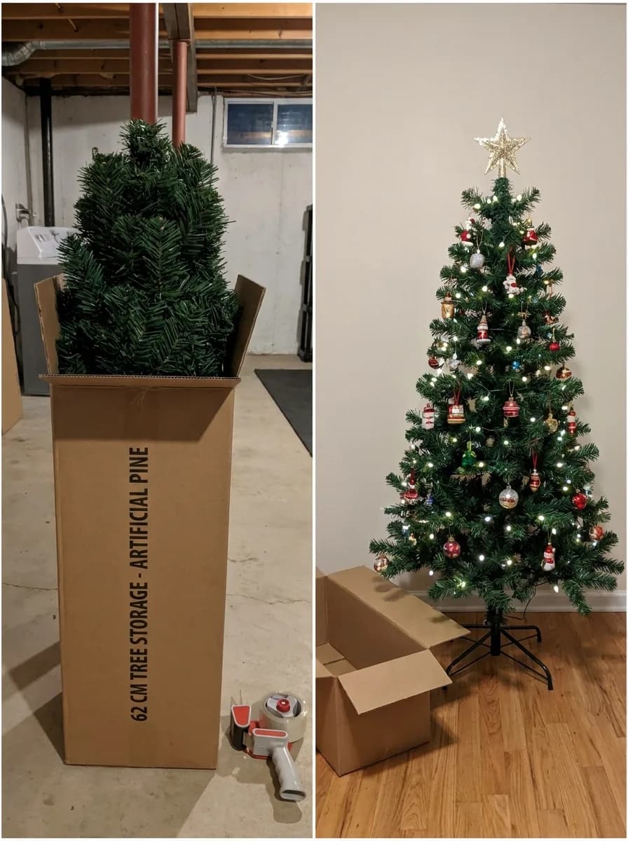 90 cm yapay yılbaşı ağacının katlanmış hali ve 62 cm'lik kutusu